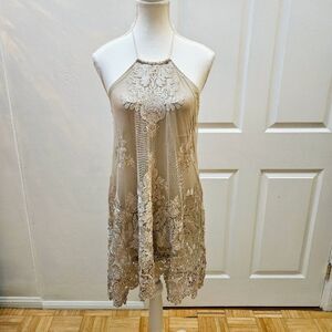 NEW SKY Revolve Cocktail Backless Nude Tan Lace Layered Halter Mini Dress S